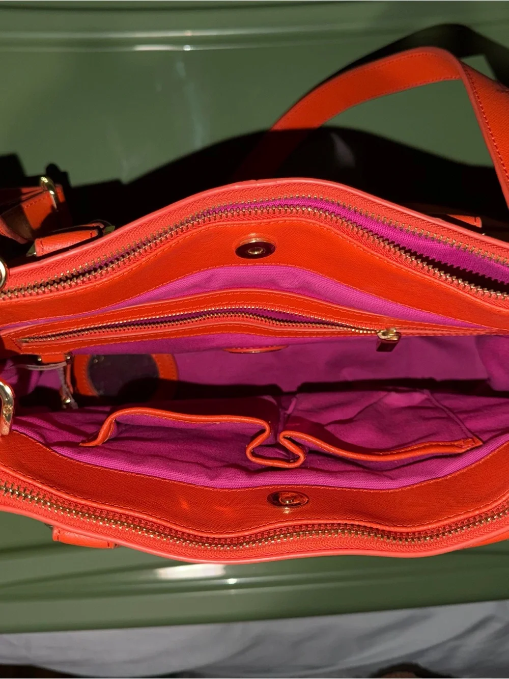 Tory Burch Orange Robinson Double Zip Top Handle Tote with Gold Logo